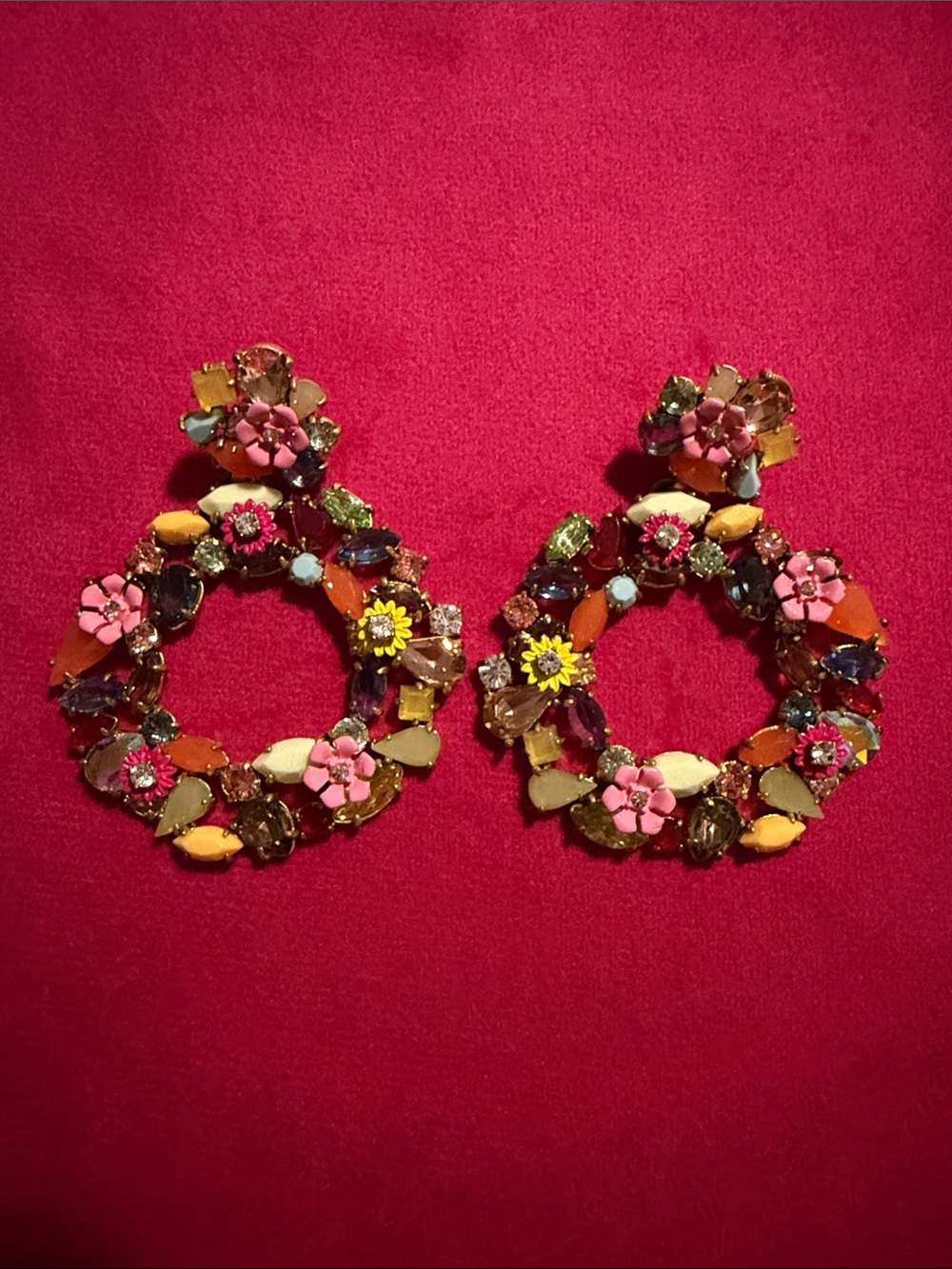 J. Crew Multicolor Floral Hoop Drop Earrings - Pink, Yellow, Orange, Green, Blue